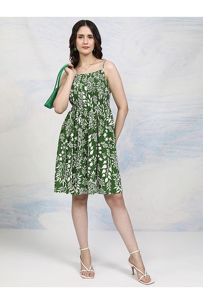 Tokyo Talkies By Styli All-Over Floral Print Strappy Mini Dress with Smocked Detail