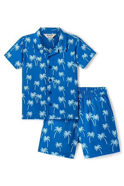 Bonfino Bonfino Palm Tree Printed Shirt & Short Set - Blue