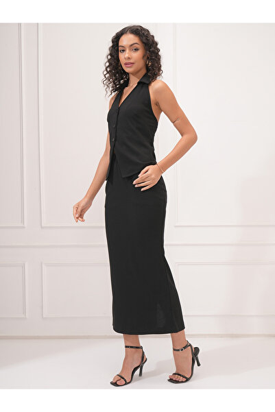 Tokyo Talkies By Styli Solid Sleeveless Top with Buttons and Pencil Midi Skirt Co-Ords