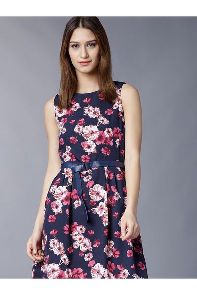 Tokyo Talkies By Styli All-Over Floral Print Peated Round Neck Mini Dress