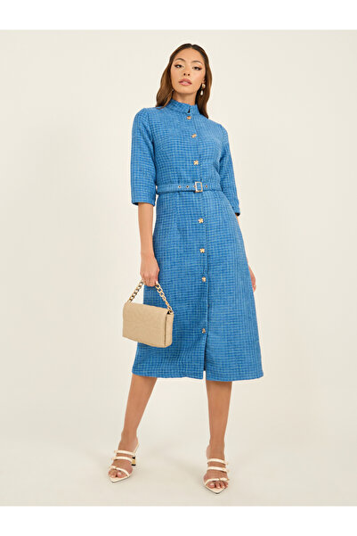 Styli فستان تويد متوسط الطول بحزام على شكل حرف A وأكمام بطول 3/4