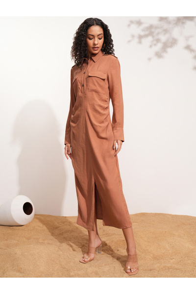 Tokyo Talkies By Styli Solid Collared Shirt Midi Dress with Front Slit Detail