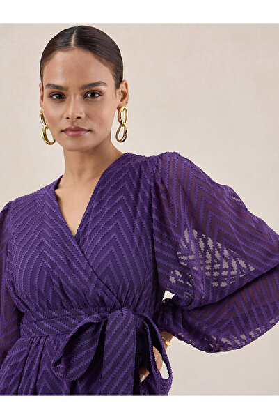 Femmella By Styli Chevron Dobby Wrap Maxi Dress with Waist Tie Detail