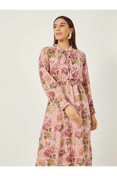 Styli Floral Print A-Line Maxi Dress with Tie-Up Neck Detail