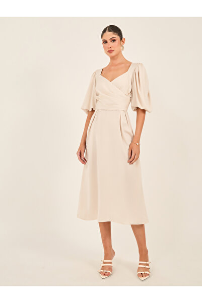 Styli Puff Sleeve Wrap A-Line Midi Dress
