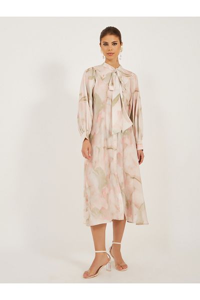 Styli Printed Balloon Sleeves Tie-Up Neck Shirt Midi Dress