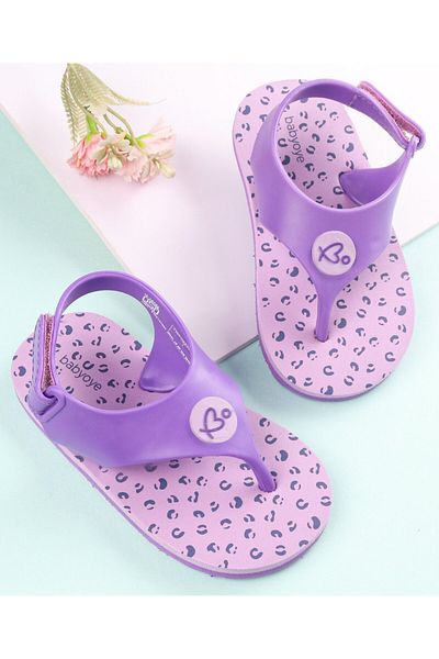Babyoye Babyoye Paw Printed Flip Flops with Velcro Closure - Purple