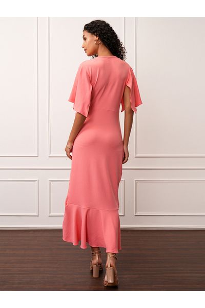 Tokyo Talkies By Styli Solid Asymmetrical Hem Ruffled V-Neck Midi Dress