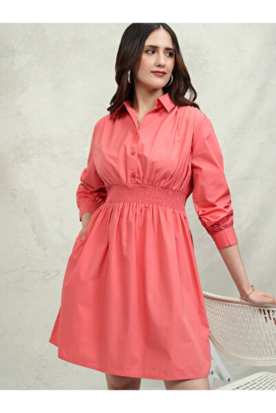 Tokyo Talkies By Styli Solid Cotton Collared Mini Dress with Smocked Detail