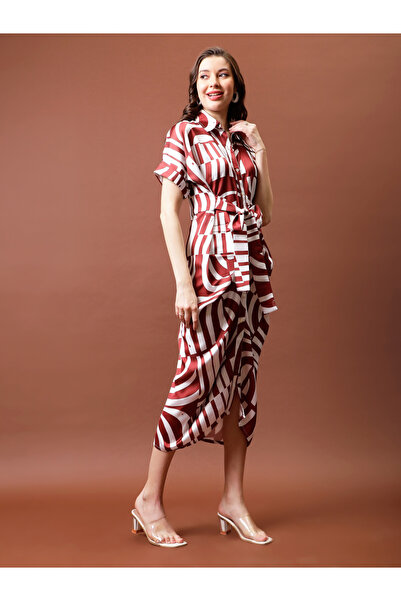 Athena By Styli Printed Satin Shirt Midi Dress with Pleated Detail