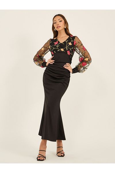 Styli Embroidered Balloon Sleeves Mermaid Hem Maxi Dress
