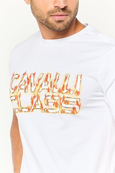 Cavalli Class Men Crew Neck Short Sleeve Brand Logo T-Shirts, White