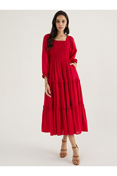 Femmella By Styli فستان متوسط الطول من القطن بأكمام منفوخة وقصة A مع تفاصيل م...