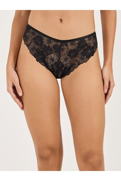 Styli Scalloped Edge Floral Lace Front and Back Metal Heart Trim Thong