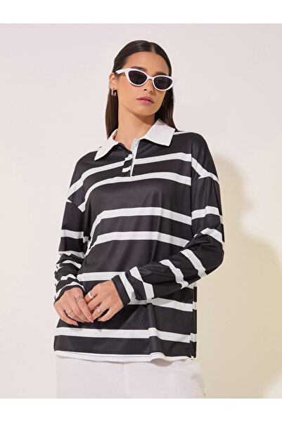 Take Two By Styli Stripe Polo Neck Long Sleeve T-Shirt and Pants Set