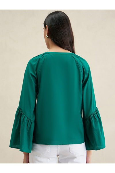 Femmella By Styli Solid Cotton Bell Sleeves Notch Neck Top
