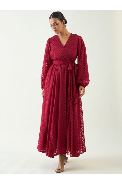 Femmella By Styli Chevron Dobby Balloon Sleeve Wrap Maxi Dress
