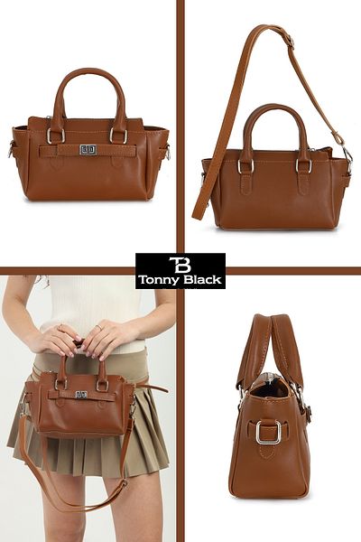 Tonny Black Original Adjustable Cross Strap Zippered Belt Detailed Double Handle Hand Arm and Shoulder Bag