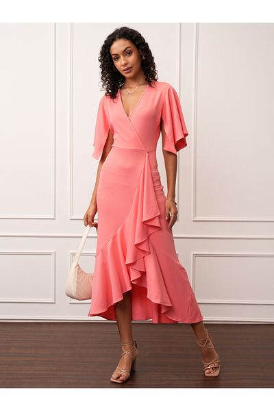 Tokyo Talkies By Styli Solid Asymmetrical Hem Ruffled V-Neck Midi Dress