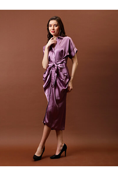 Athena By Styli Satin Shirt Midi Dress with Pleated Detail