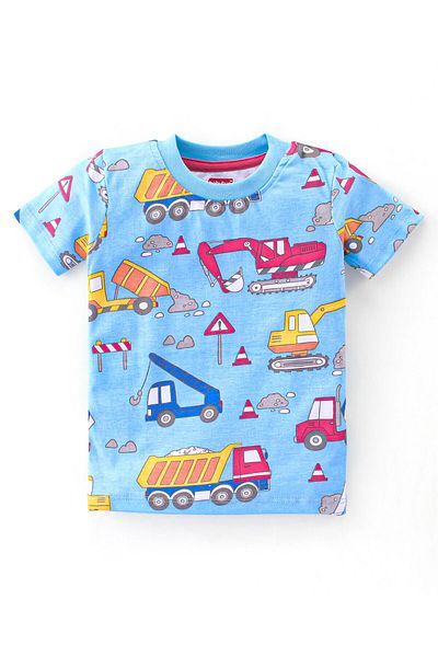 Babyhug Babyhug Cotton Knit Half Sleeves Construction Vehicles Printed T-Shirt & Shorts Set - Blue & Red