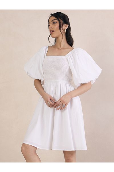 Femmella By Styli Puff Sleeve Square Neck Mini Dress with Smocked Detail