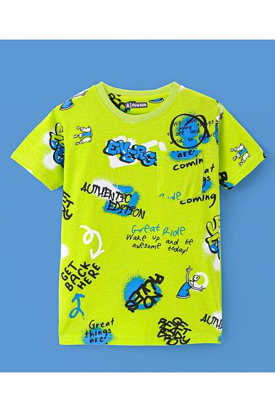 Pine kids Pine Kids Single Jersey Knit Half Sleeves Night Suit Text Print -Neon Green