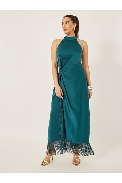 Styli Halter Neck Wrap Style Maxi Dress with Fringe Hem