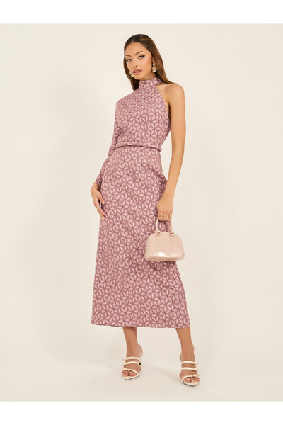 Styli Jacquard One Sleeves Maxi Dress with Self Tie Belt