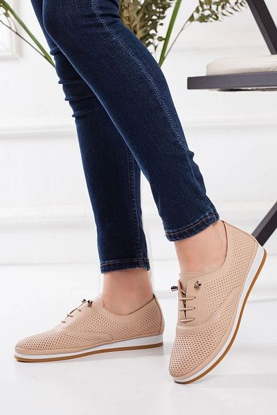 GULT Leather Women's Casual Shoes Lace-Up Nude Laser Embroidered