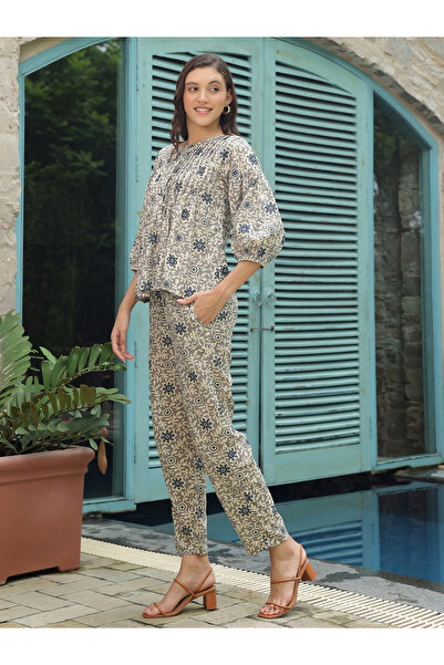 Sanskrutihomes By Styli All-Over Print Balloon Sleeve Top and Trousers Co-Ords