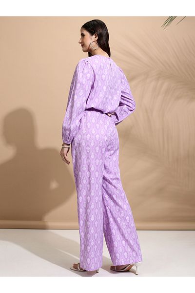 Tokyo Talkies By Styli All-Over Print Round Neck Balloon Sleeve Crop Top with Trousers Co-Ords