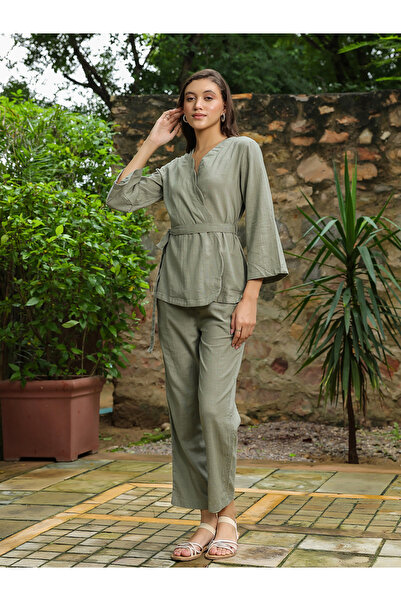 Sanskrutihomes By Styli Solid Cotton Belted Wrap Top with Trouser Co-Ords