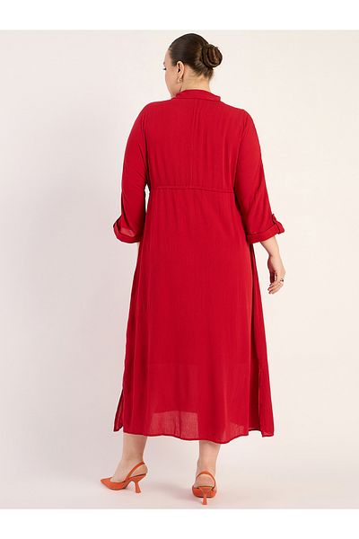 Femmella By Styli Textured Crinkled Shirt Midi Dress with Side Slit