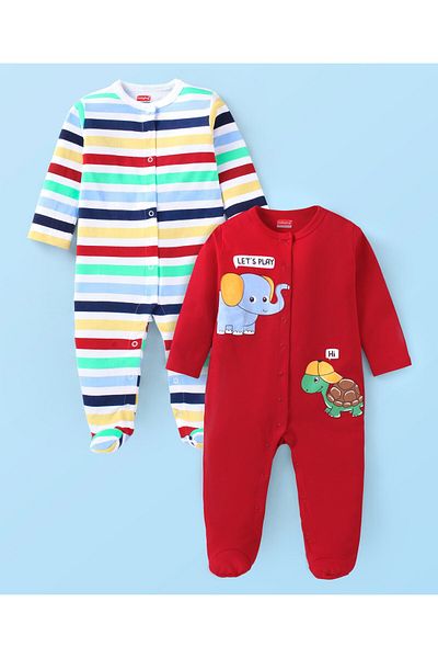 Babyhug طقم نوم من القطن بخطوط وطبعات حيوانات من Babyhug (عبوة من قطعتين) - أبيض وأحمر