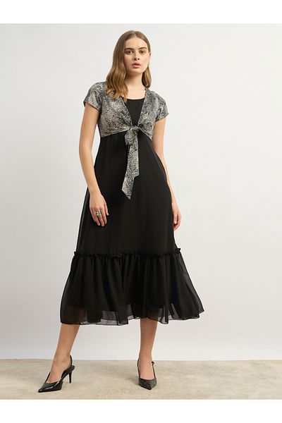 Styli Contrast Animal Print Tie-Up Detail Midi Dress