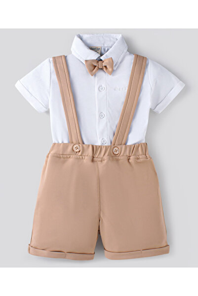Bonfino Bonfino Solid Shirt & Shorts Set with Bow & Suspender - Tan & Off White