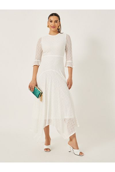 Styli Lace Insert Ruffle Sleeve Asymmetric Hem A-Line Midi Dress