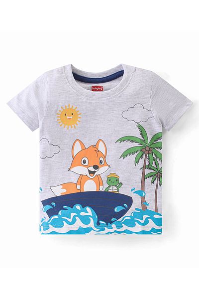 Babyhug Babyhug Single Jersey Knit Half Sleeves T-Shirt with Shorts Set Fox Print - Grey & Blue