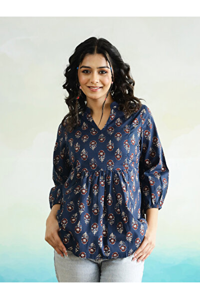 Sanskrutihomes By Styli بلوزة قطنية بطبعة زهور وفتحة رقبة على شكل حرف V وحافة...