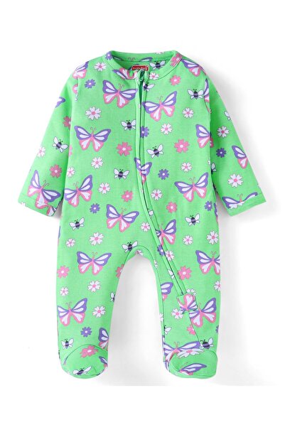 Babyhug Babyhug Cotton Knit Full Sleeves Butterfly Printed Front Open Sleepsuit - Light Green