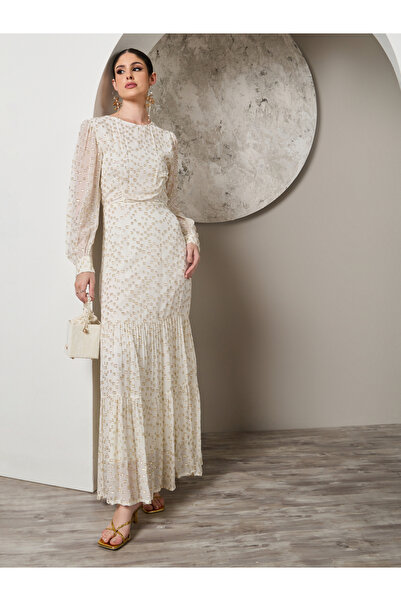 Styli Textured Dobby Balloon Sleeve Tiered Maxi Dress