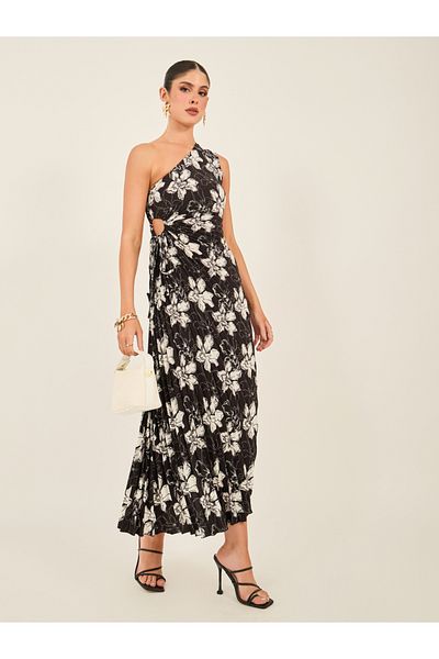 Styli All-Over Print One Shoulder Midi Dress with Ruched Detail