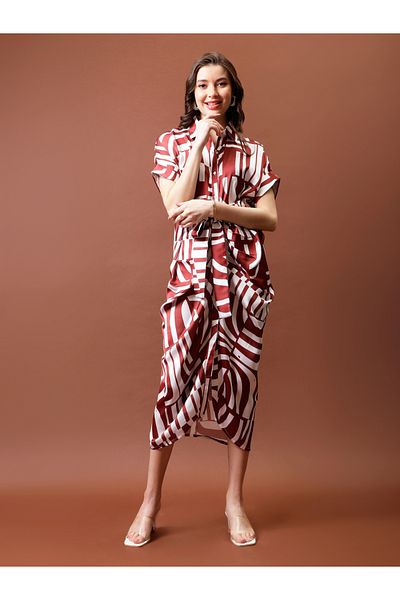 Athena By Styli Printed Satin Shirt Midi Dress with Pleated Detail