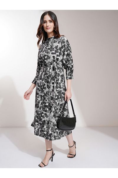 Tokyo Talkies By Styli All-Over Print Batwing Sleeve A-Line Midi Dress