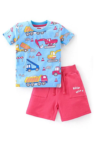 Babyhug Babyhug Cotton Knit Half Sleeves Construction Vehicles Printed T-Shirt & Shorts Set - Blue & Red