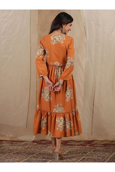 Sanskrutihomes By Styli All-Over Print Ruffle Hem V-Neck Midi Dress