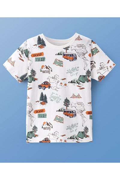 Pine kids تي شيرت Pine Kids من القطن المحبوك بأكمام نصفية وطبعة تخييم - أبيض