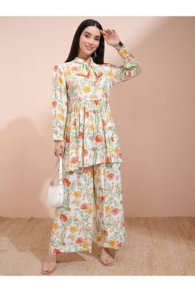 Vishudh By Styli All-Over Floral Print Tie-Up Neck Longline Tunic with Palazzo Pants Set