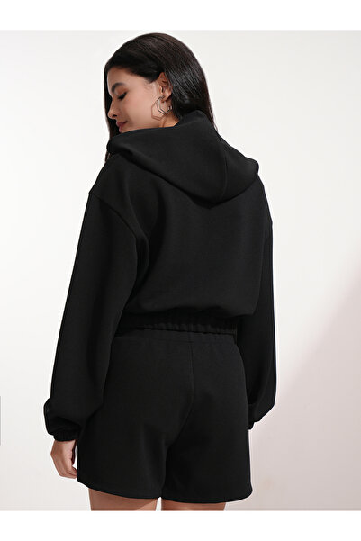 Tokyo Talkies By Styli Solid Hooded Neck Top with Patch Detail and Shorts Co-Ords